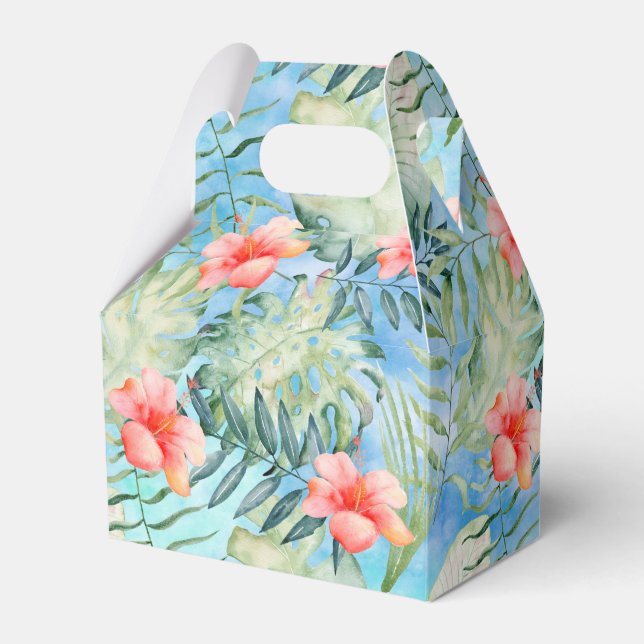 Pink Aqua Tropical Hibiscus Floral Favor Box (Front Side)