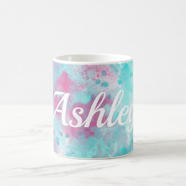 Pink Aqua Watercolor Wash & Customizable Name Mug (Center)
