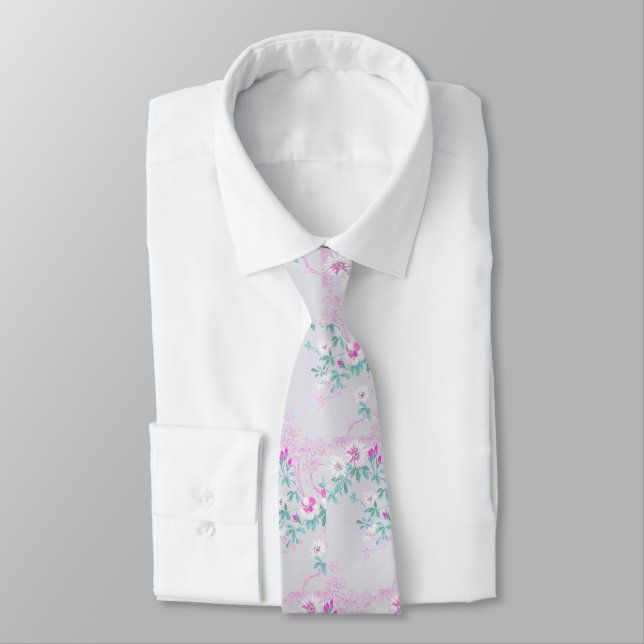 PINK AQUA WHITE CHERRY BLOSSOM TREE FLORAL TIE (Tied)
