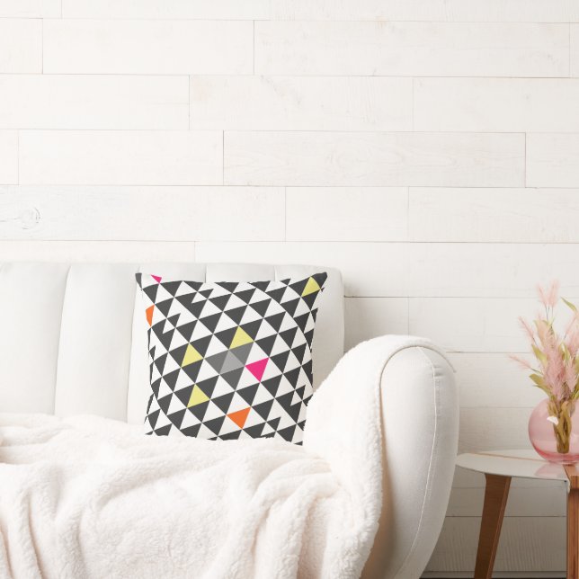 Pink Aqua Yellow Grey Abstract Triangle Pattern Throw Pillow (Couch)