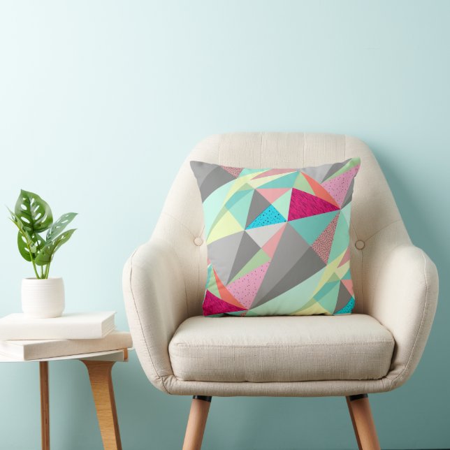 Pink Aqua Yellow Grey Abstract Triangle Pattern Throw Pillow (Chair)