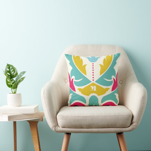 Pink Aqua Yellow Modern Damask Pillow (Chair)