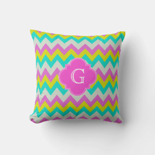 Pink Aqua Yellow Wht Chevron Quatrefoil Monogram Throw Pillow