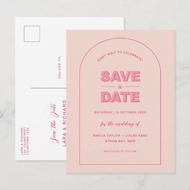 Pink Arch Modern Bold Type Text Save The Date Postcard (Front/Back)