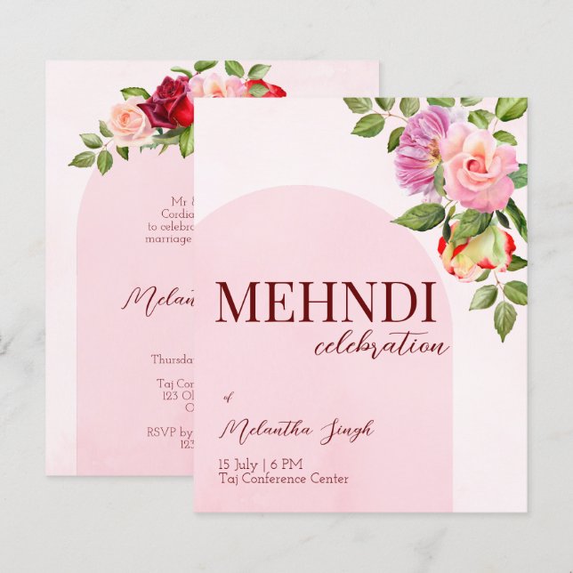 Pink arch with roses budget mehndi invitation (Front/Back)