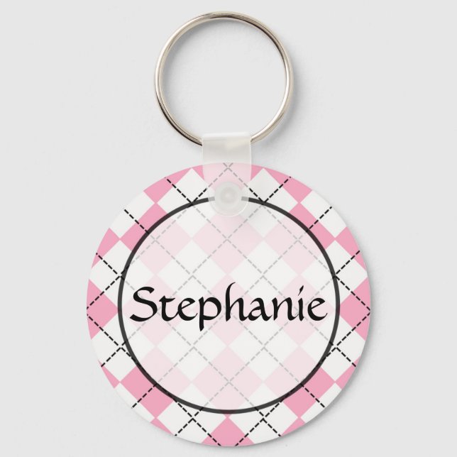 Pink Argyle Customizable Name Button Keychain (Front)
