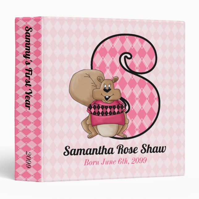 Pink Argyle Monogram Letter S Baby Scrapbook Binder (Front/Spine)