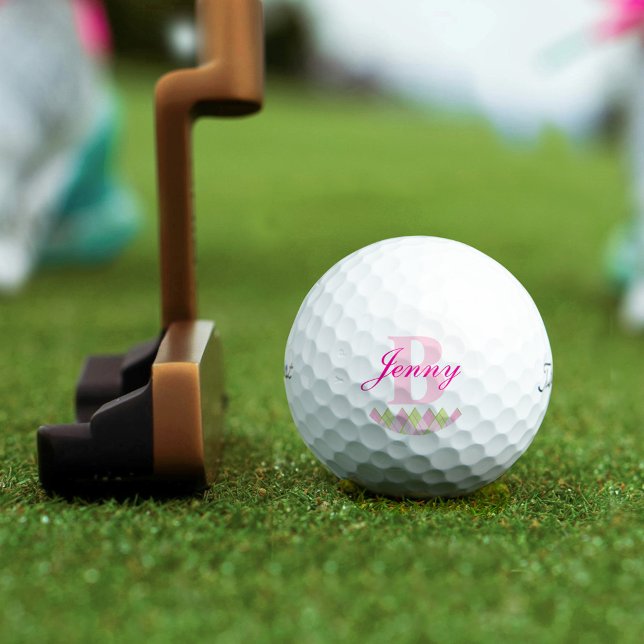 Pink argyle monogram name golf monogram golf balls (Creator Uploaded)