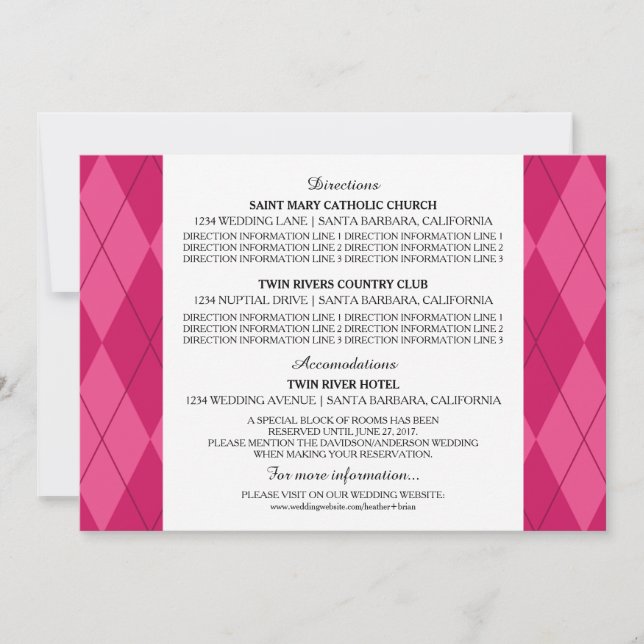 Pink Argyle Wedding Information Card (Front)