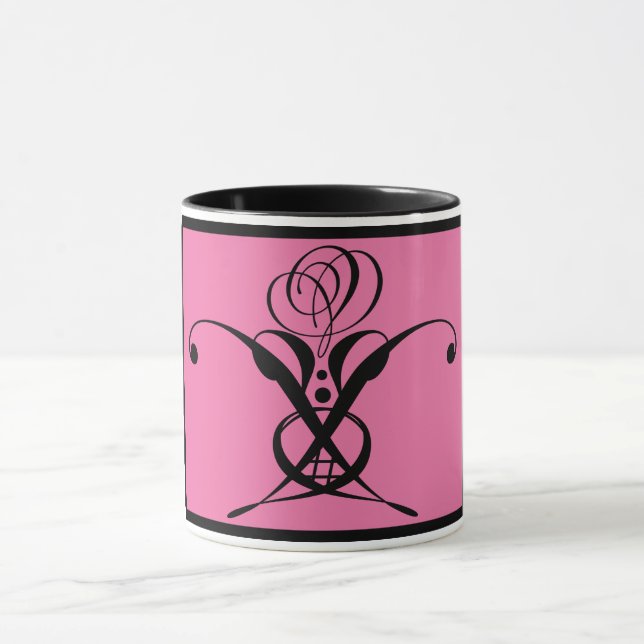 Pink Art Deco Black Flourish Rose Mug (Center)