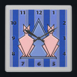 Pink Art Deco Cats on Blue Striped Background Square Wall Clock<br><div class="desc">This classic Art Deco Cat Clock design is given new life by digital artist, Leslie Sigal Javorek. Set on a striped (royal blue, cornflower & silver) background having the look of fine leather, is a central medallion featuring a pair of pink Egyptian geometric cats flanking a towering Blue Pyramid that...</div>
