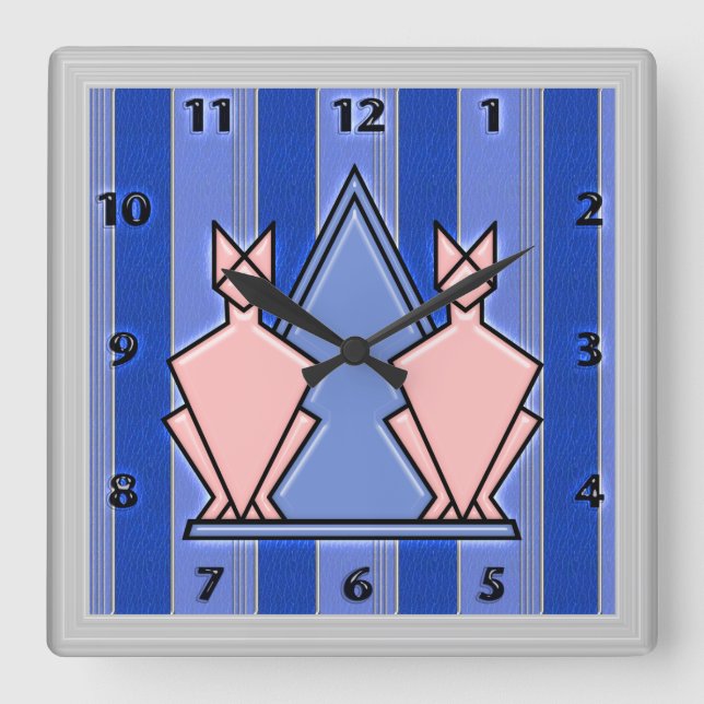 Pink Art Deco Cats on Blue Striped Background Square Wall Clock (Front)
