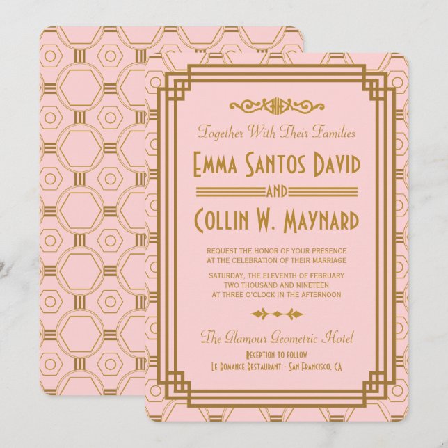 Pink Art Deco Wedding Invitations (Front/Back)