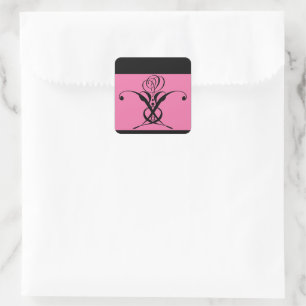 Pink Art Decor Black Flourish Rose Square Sticker