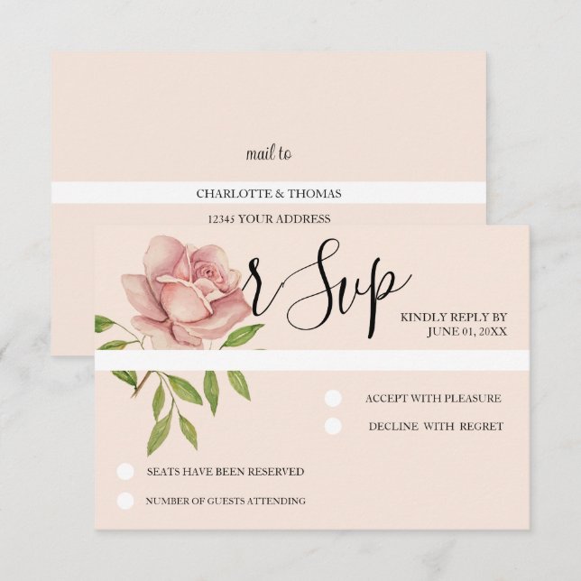 Pink Artistic Watercolor Rose Hand-painted RSVP Card (Front/Back)