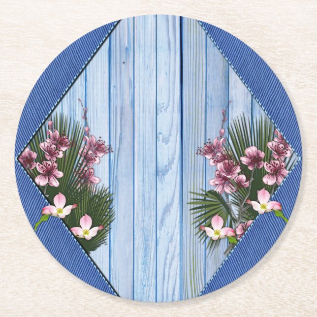 Pink Arty Flowers on Blue-wood-Fabric texture Round Paper Coaster (Front)