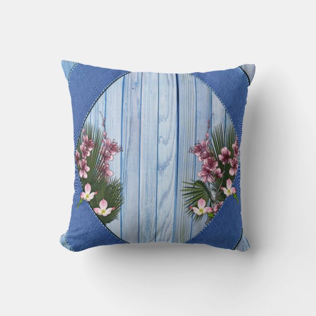 Pink Arty Flowers on Blue-wood-Fabric texture Throw Pillow (Front)
