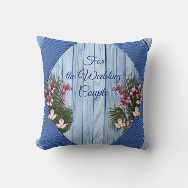 Pink Arty Flowers on Blue-wood-Fabric texture Throw Pillow (Front)