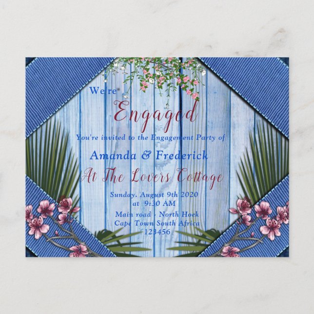 Pink arty Flowers on Blue-wood texture Engagement Invitation Postcard (Front)