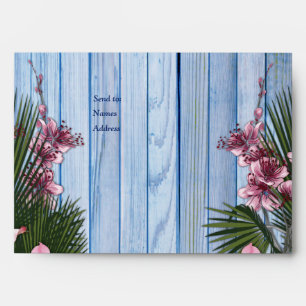 Pink Arty Flowers on Blue-wood Texture Envelopes