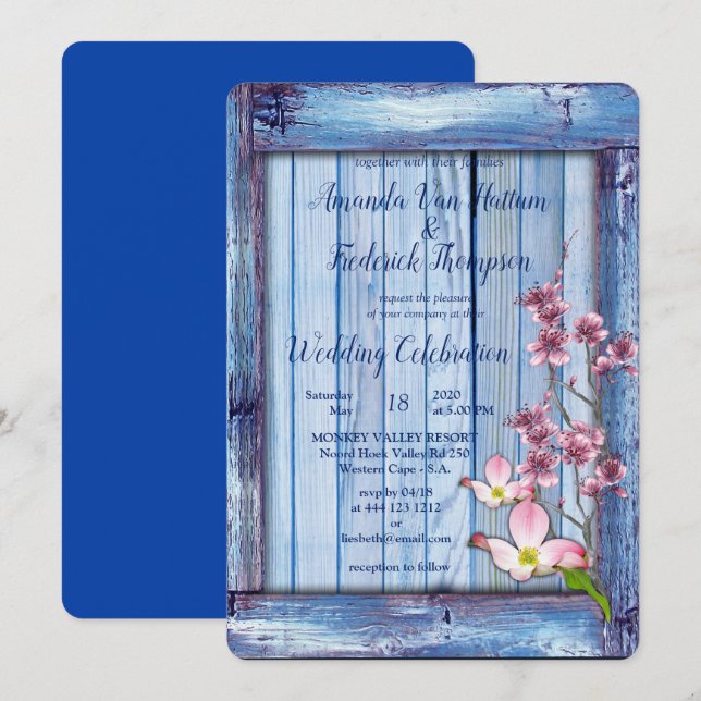 Pink arty Flowers on Blue-wood texture Invitation (Front/Back)