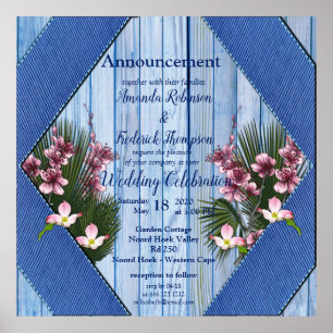 Pink Arty Flowers on Blue-wood Texture Poster