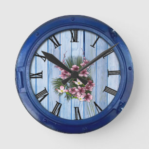 Pink Arty Flowers on Blue-wood  texture Round Clock