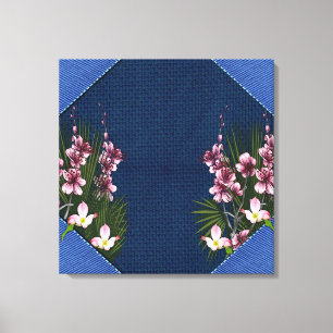 Pink Arty Flowers on Navy Blue Fabric texture Canvas Print