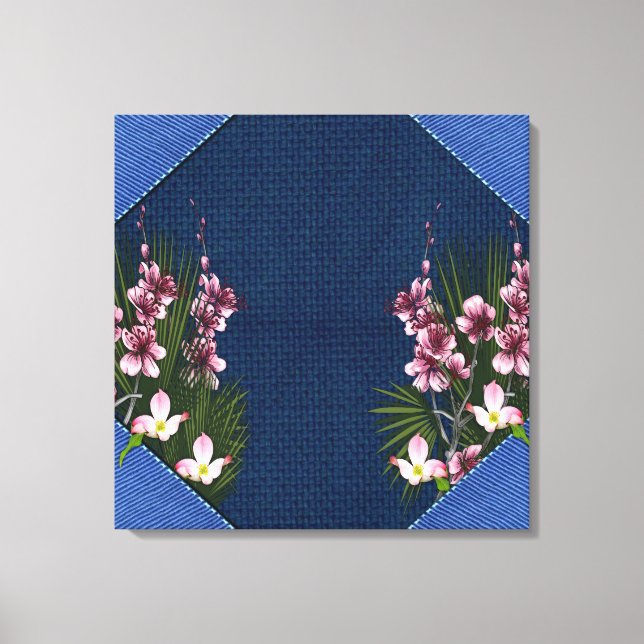 Pink Arty Flowers on Navy Blue Fabric texture Canvas Print (Front)