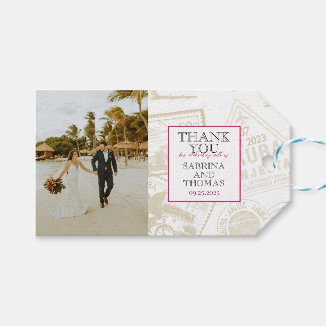 Pink Aruba Wedding Photo Gift Tags (Front (Horizontal))