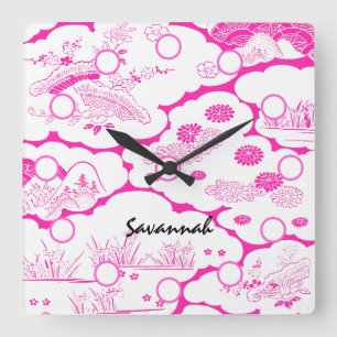 Pink Asian Flower Lanscape  Wall Clock