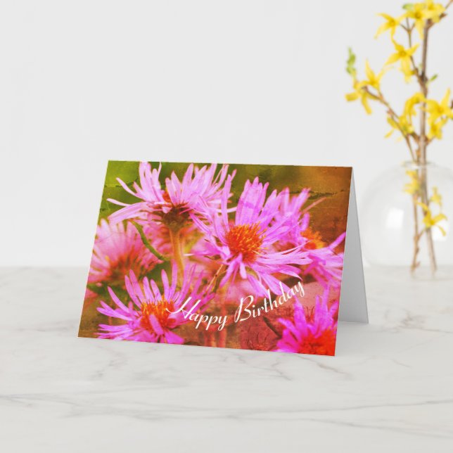 Pink Asters Flower Art Birthday  Card (Yellow Flower)