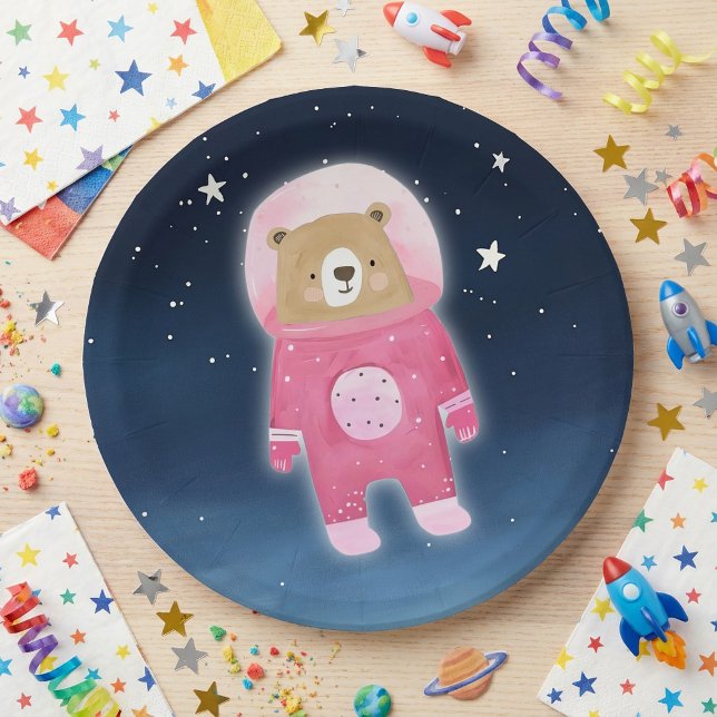 Pink Astronaut Bear Space Baby Shower Paper Plate (Pink Astronaut Bear Space Baby Shower Paper Plates.)