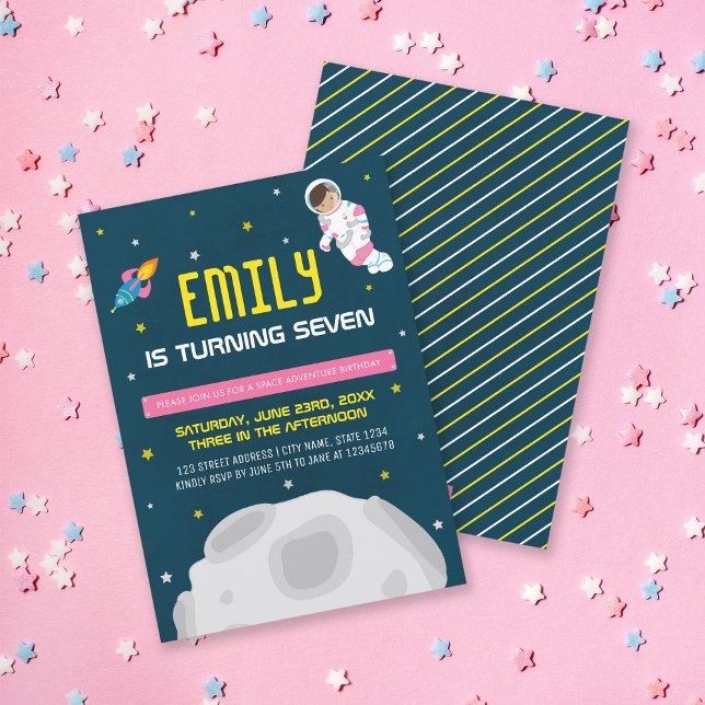 Pink Astronaut Girl Space Birthday Invitation (Creator Uploaded)