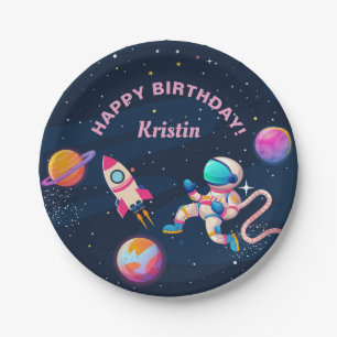 Pink Astronaut Outer Space Rocket Ship Birthday Paper Plate