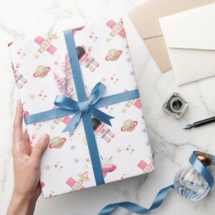 Pink Astronaut Space Birthday Invitation Wrapping  Paper