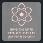 Pink Atomic Chalkboard Save the Date Stickers<br><div class="desc">Cute and nerdy Atomic Chalkboard Save the Date Stickers featuring a simple atomic symbol in light pink on a chalkboard look background. These geeky and fun save the date stickers are perfect for announcing your science themed wedding! Easy to customize, simply add the details of your wedding in the spaces...</div>