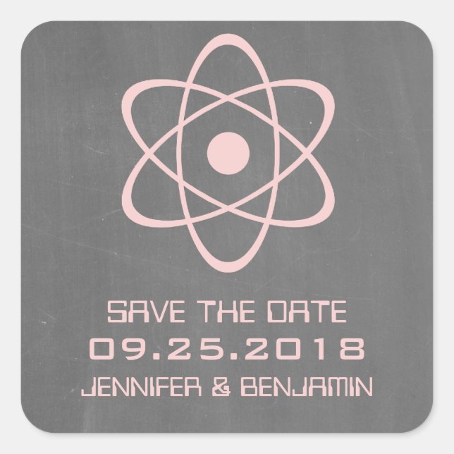 Pink Atomic Chalkboard Save the Date Stickers (Front)