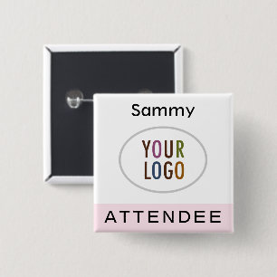 Pink Attendee Name Badge with Logo Pinback Square  2 Inch Square Button