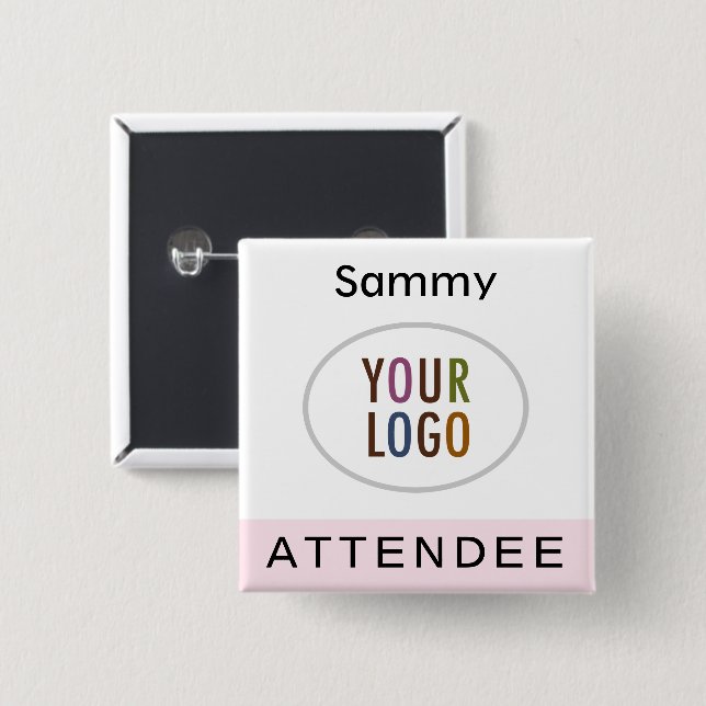 Pink Attendee Name Badge with Logo Pinback Square  2 Inch Square Button (Front & Back)