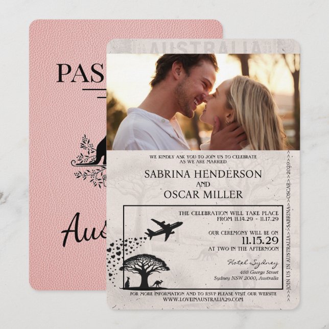 Pink Australia Passport Wedding Invitation (Front/Back)