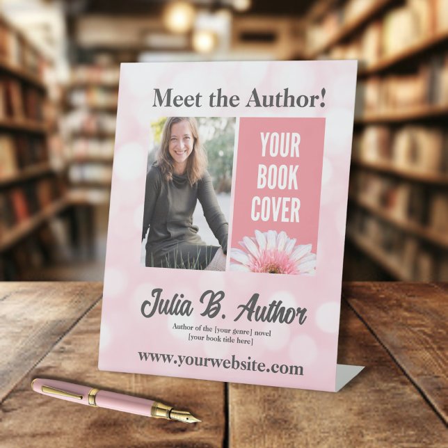 Pink Author Book Signing or Book Launch Promotion Pedestal Sign (Pretty pink author table sign - perfect for your book signing!)