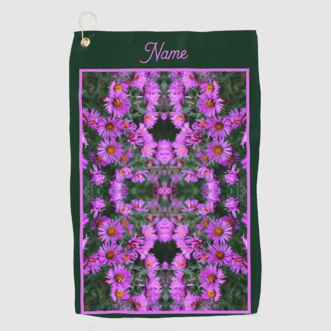 Pink Autumn Aster Flowers Abstract Personalized Golf Towel (Front)