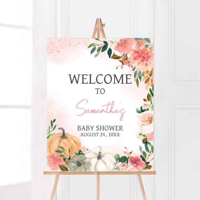 Pink Autumn Fall Floral Pumpkin Welcome Poster (Autumn Floral Pumpkin Baby Shower Welcome Sign)