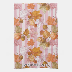 Pink Autumn Leaves and Acorns Pattern - Fall Kitchen Towel