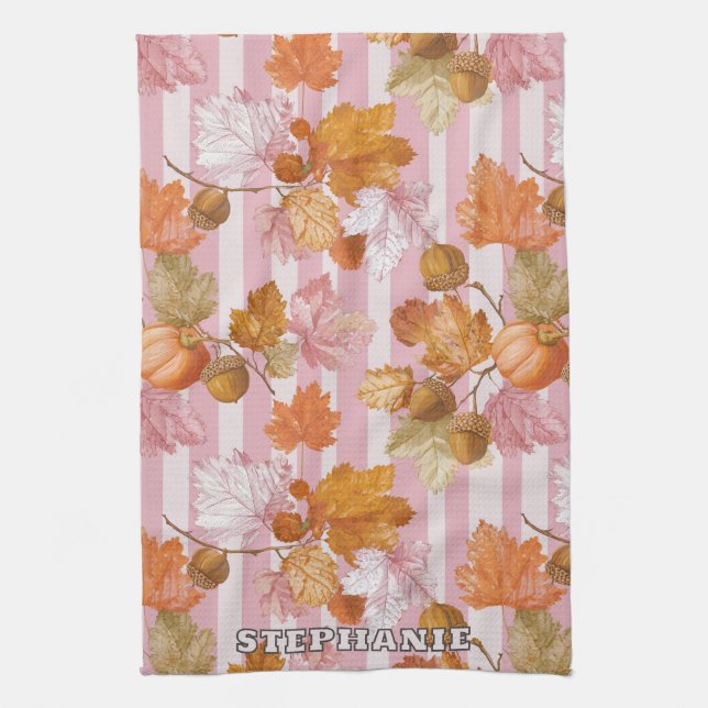 Pink Autumn Leaves and Acorns Pattern - Fall Kitchen Towel (Vertical)
