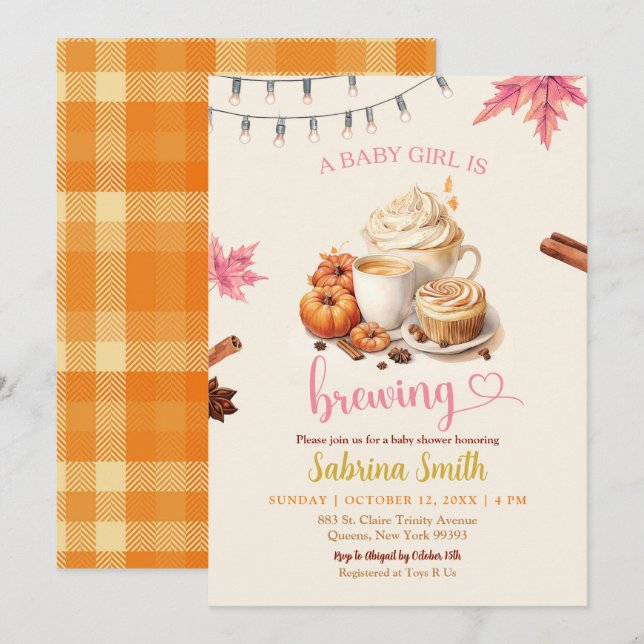 Pink Autumn Leaves Pumpkin Coffee Baby Shower Invitation (Front/Back)