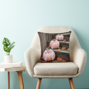 Pink Autumn Pumpkins and Fall Leaves Throw Pillow
