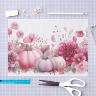 Pink Autumn Pumpkins and Flowers Fall Decoupage Tissue Paper