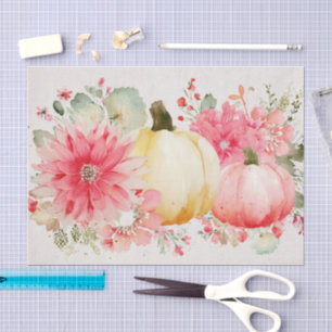 Pink Autumn Pumpkins and Flowers Fall Decoupage Tissue Paper